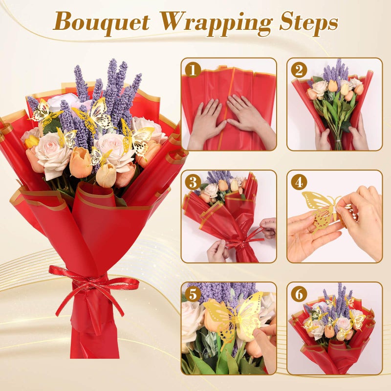 cridoz 20 Sheets Flower Bouquet Wrapping Paper with 12 Pieces Gold Butterfly Decorations for Flower Bouquets, Gift Wrapping(Red) - Image 5