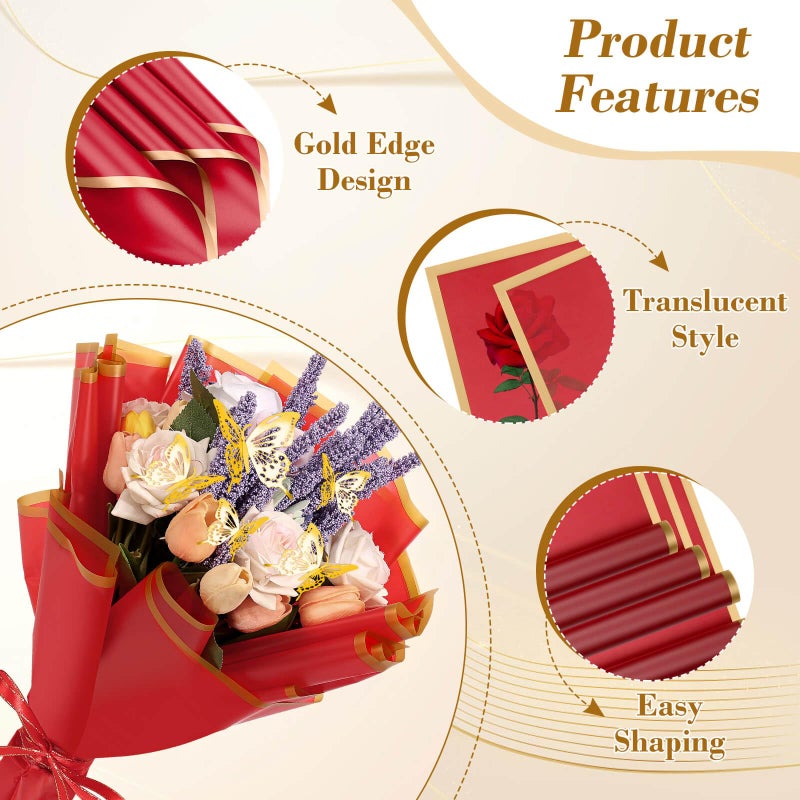 cridoz 20 Sheets Flower Bouquet Wrapping Paper with 12 Pieces Gold Butterfly Decorations for Flower Bouquets, Gift Wrapping(Red) - Image 3
