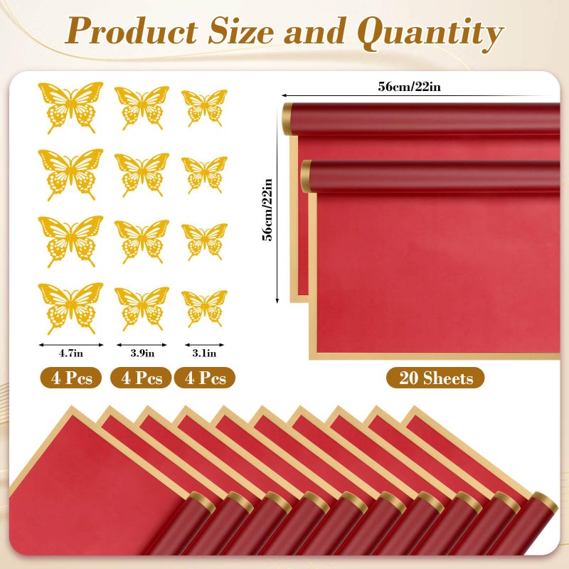 cridoz 20 Sheets Flower Bouquet Wrapping Paper with 12 Pieces Gold Butterfly Decorations for Flower Bouquets, Gift Wrapping(Red) - Image 2