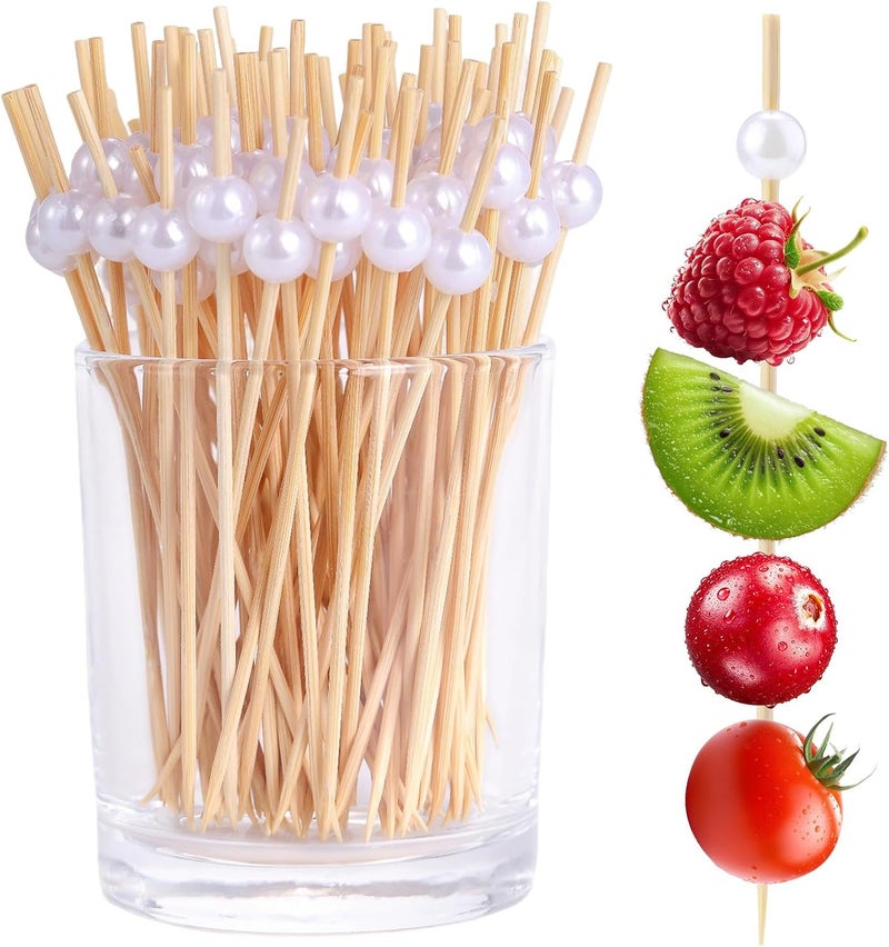 CJFocus 200 Pack Cocktail Picks 4.7 Inch, Bamboo Toothpicks for Appetizers, Fruit, Charcuterie, Drinks, Fancy Wooden Mini Food Skewers Party Favor, White Ball Decorative - Image 1