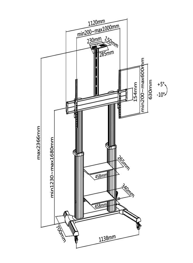 Skill Tech SH 999CR Large Screen Telescopic Height Adjustable Aluminium TV Cart with Crank Handle for 60–100 Inch Screens, VESA 1000x600, Max Load 100kg – Heavy Duty Rolling TV Stand  Black - Image 2