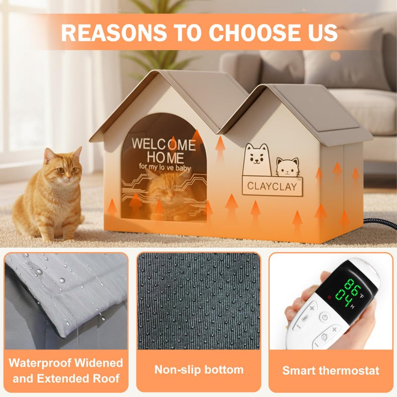 CLAYCLAY Sturdy Heated Cat House for Winter, Waterproof Insulated Outdoor Cat House with Heating Pad,Weatherproof Warm Feral Cats Shelter for Multiple Cats,Suitable for All Seasons((21"D x 15"W x 17"H) - Image 3