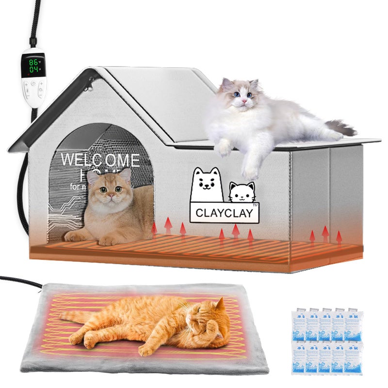 CLAYCLAY Sturdy Heated Cat House for Winter, Waterproof Insulated Outdoor Cat House with Heating Pad,Weatherproof Warm Feral Cats Shelter for Multiple Cats,Suitable for All Seasons((21"D x 15"W x 17"H) - Image 1