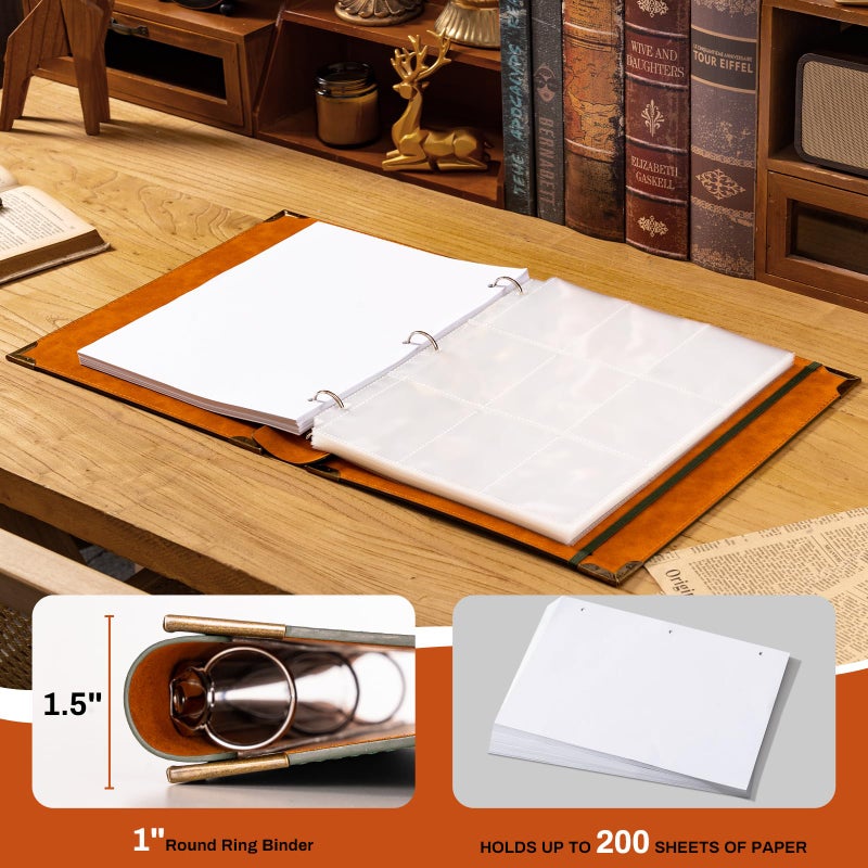 Ovesmusl PU Leather 3 Ring Binder 1 Inch Round Ring Binder Holds 200 Sheets 8.5"x11" Letter Size Paper, Wedding Family History Notebook Cover Loose Leaf Organizer, Green - Image 2