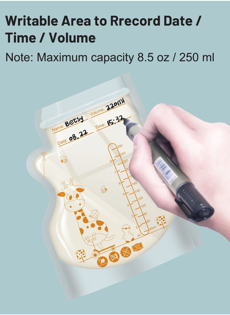 AIYISHI 55Pcs Disposable Breastmilk Storage Bags - Dubble Zipper, 250ML Self Standing, Leak-Proof Freezer Pouches  - Image 5