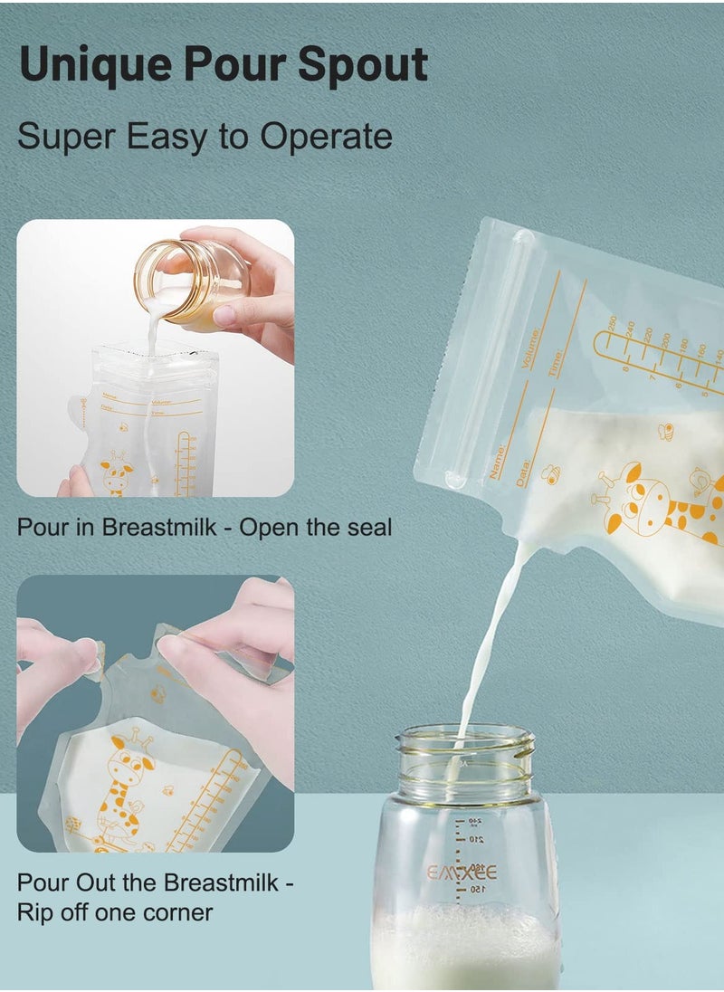 AIYISHI 55Pcs Disposable Breastmilk Storage Bags - Dubble Zipper, 250ML Self Standing, Leak-Proof Freezer Pouches  - Image 3