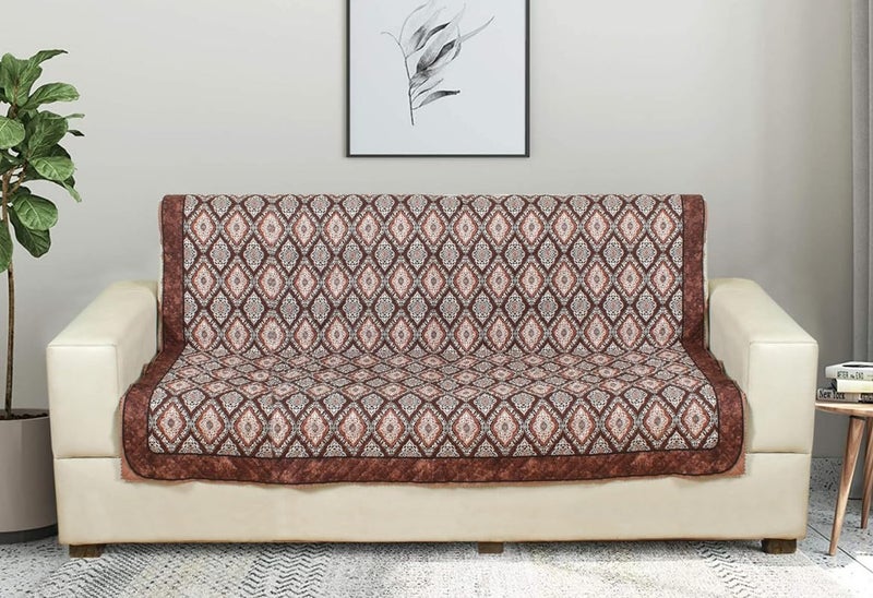 Nendle Box Pattern Printed Quilted 3 Layer Single Piece Sofa Cover 3 Seater with seat and Back Combined Soft Velvet Universal Non-Slip Protector Covers for Living, Drawing Room (Brown, Pack of 1) - Image 1