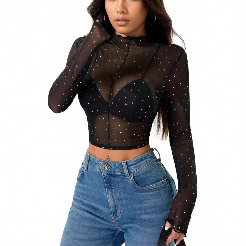 Women's Long Sleeve Mesh Sheer Sequined T-Shirt Top - Image 1