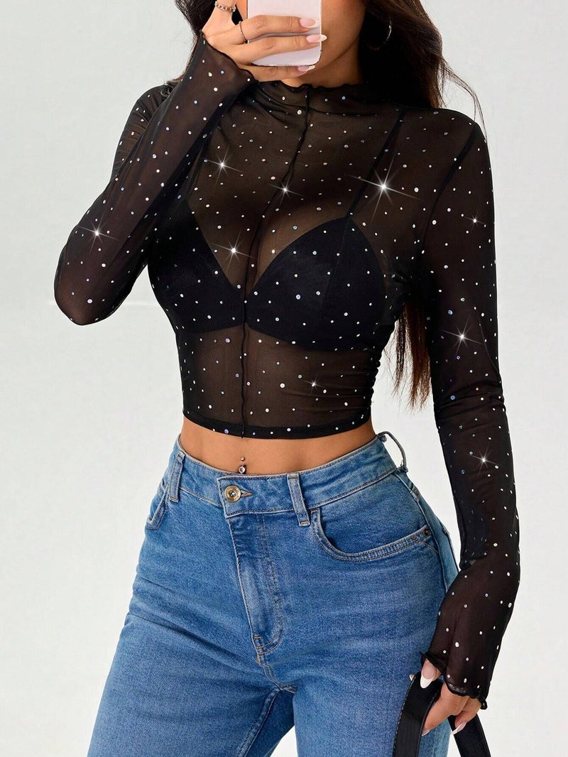 Women's Long Sleeve Mesh Sheer Sequined T-Shirt Top - Image 2