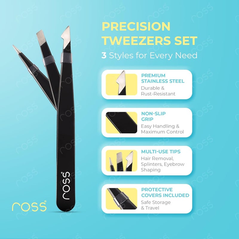 ROSS 3PCS Precision Tweezers Set – Stainless Steel Slant, Pointed & Curved Tips – Professional Kit for Eyebrow Shaping, Facial Hair, Ingrown Hair & Splinter Removal, Craft & Beauty Use – Black Finish - Image 2