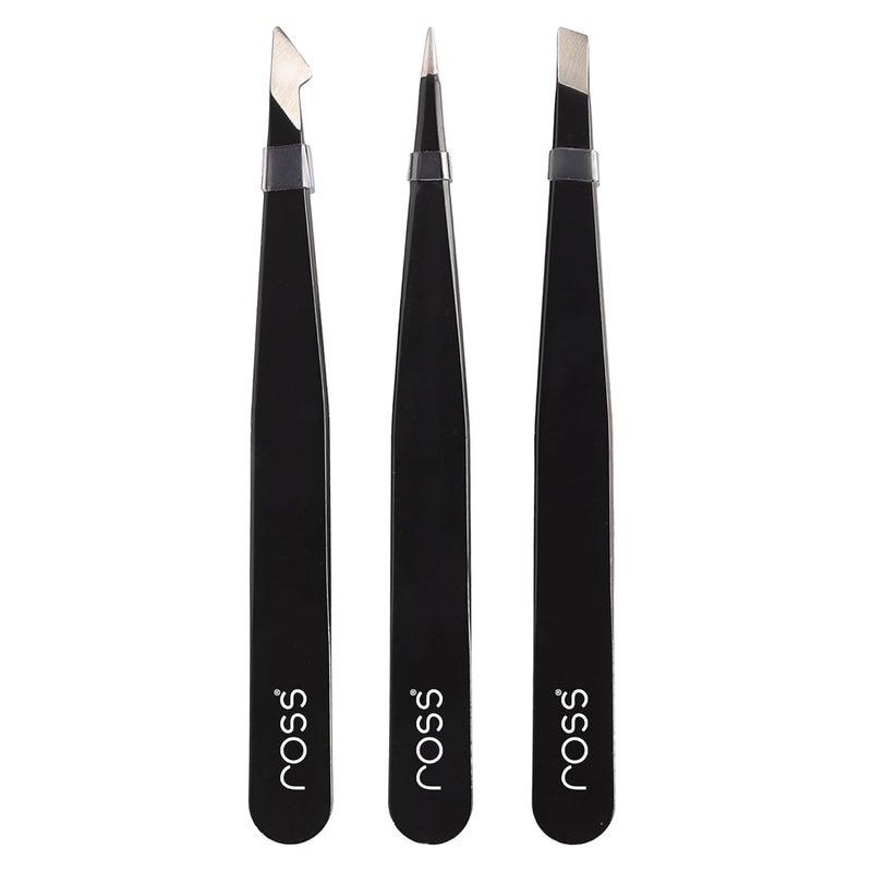 ROSS 3PCS Precision Tweezers Set – Stainless Steel Slant, Pointed & Curved Tips – Professional Kit for Eyebrow Shaping, Facial Hair, Ingrown Hair & Splinter Removal, Craft & Beauty Use – Black Finish - Image 1