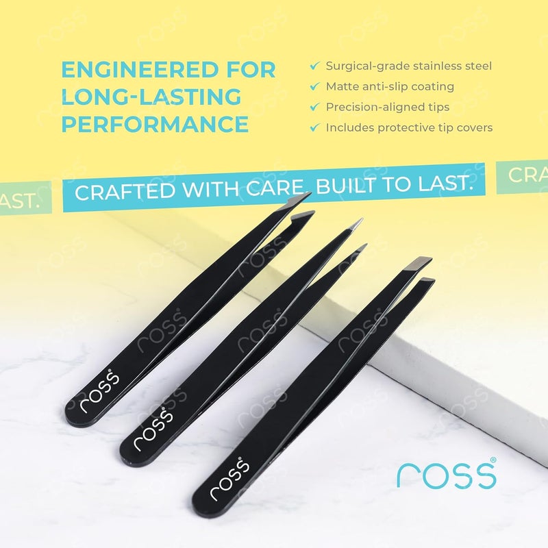 ROSS 3PCS Precision Tweezers Set – Stainless Steel Slant, Pointed & Curved Tips – Professional Kit for Eyebrow Shaping, Facial Hair, Ingrown Hair & Splinter Removal, Craft & Beauty Use – Black Finish - Image 5