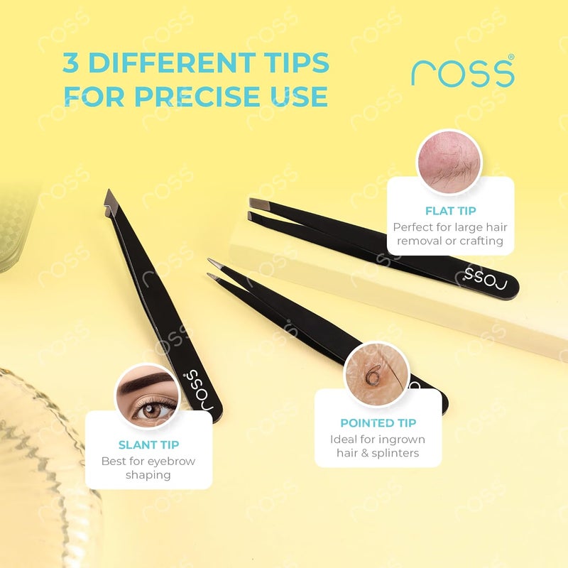 ROSS 3PCS Precision Tweezers Set – Stainless Steel Slant, Pointed & Curved Tips – Professional Kit for Eyebrow Shaping, Facial Hair, Ingrown Hair & Splinter Removal, Craft & Beauty Use – Black Finish - Image 3