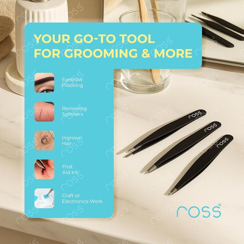 ROSS 3PCS Precision Tweezers Set – Stainless Steel Slant, Pointed & Curved Tips – Professional Kit for Eyebrow Shaping, Facial Hair, Ingrown Hair & Splinter Removal, Craft & Beauty Use – Black Finish - Image 4