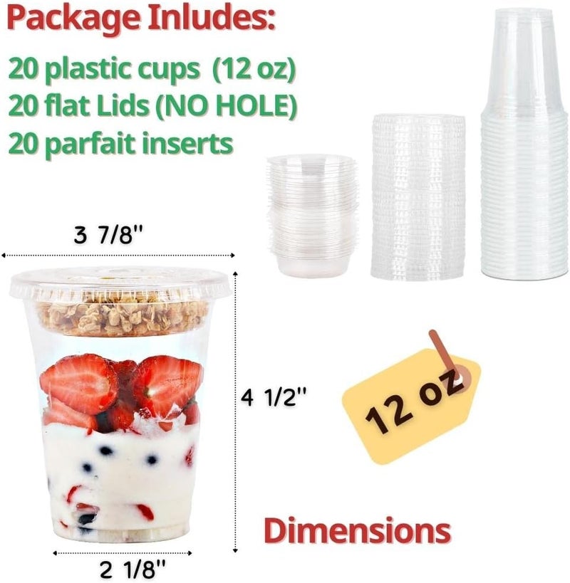Aatriet 12oz Clear Plastic Parfait Cups with Insert 3.25oz & Flat Lids No Hole - (20 Sets) Yogurt Fruit Parfait Cups for Kids, for Dips and Veggies, Take Away Breakfast and Snacks. No Leaking - Image 2