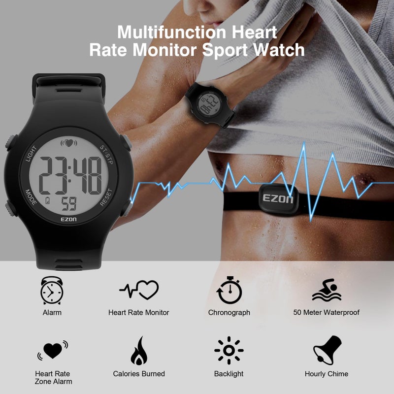 EZON Heart Rate Monitor Chest Strap and Digital Watch,5ATM Waterproof Fitness Tracker with HRM, Stopwatch and Hourly Chime - Ideal Fitness Presents for Men and Women - Image 2