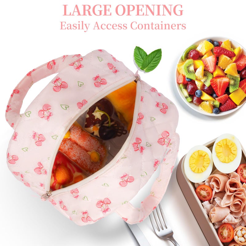 WOBAGMEN Quilted Lunch Box for Women,Lunch Box for Teen Girls,Cute Floral Lunch Bags for Work, School,Office,Picnic,Travel (cherry heart) - Image 4