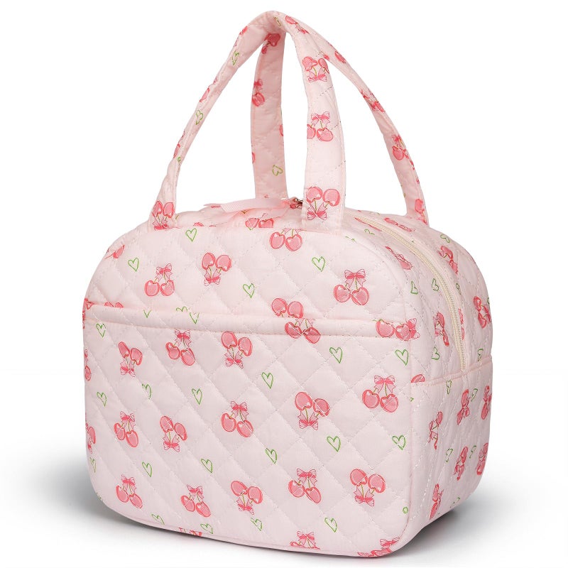 WOBAGMEN Quilted Lunch Box for Women,Lunch Box for Teen Girls,Cute Floral Lunch Bags for Work, School,Office,Picnic,Travel (cherry heart) - Image 1