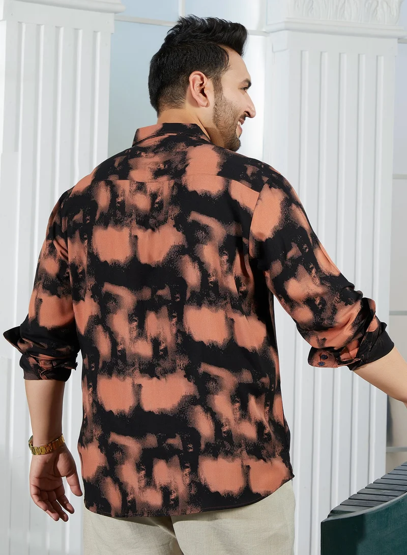 Instafab Plus  Instafab Plus Men's Obsidian Black & Sienna Brown Smudged-Block Regular Shirt For Casual Wear | Spread Collar | Long Cuffed Sleeves | Button Closure | Plus Size Shirt Crafted With Comfort Fit For Everyday Wear for Men | Best Price UAE