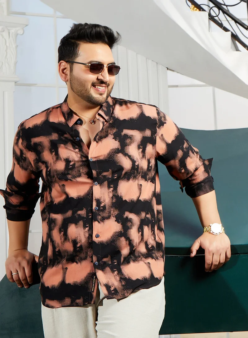 Instafab Plus  Instafab Plus Men's Obsidian Black & Sienna Brown Smudged-Block Regular Shirt For Casual Wear | Spread Collar | Long Cuffed Sleeves | Button Closure | Plus Size Shirt Crafted With Comfort Fit For Everyday Wear for Men | Best Price UAE
