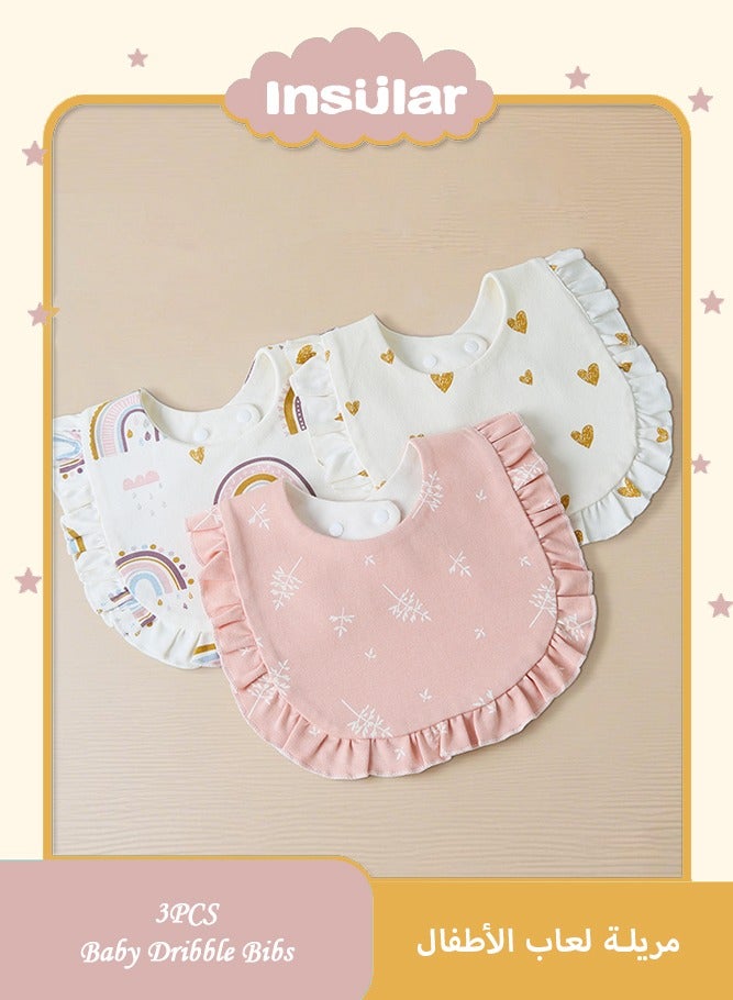 انسولار طقم من 3 مرايل أطفال من قماش الموسلين المتين، مرايل للجنسين، بنين وبنات، مرايل رضاعة قابلة للتعديل، مرايل رضاعة ناعمة من القطن، حواف مكشكشة، مناسبة لحديثي الولادة والأطفال الصغار (متعددة الألوان). - Image 1