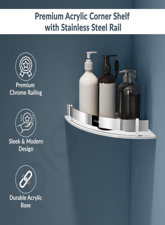 Plantex Bathroom Corner Shelf for Wall Acrylic/Wall Mounted Shelf for Bathroom with Stainless Steel Railings/Wash Room Accessories Items (White, 10x10 inches) - Image 3