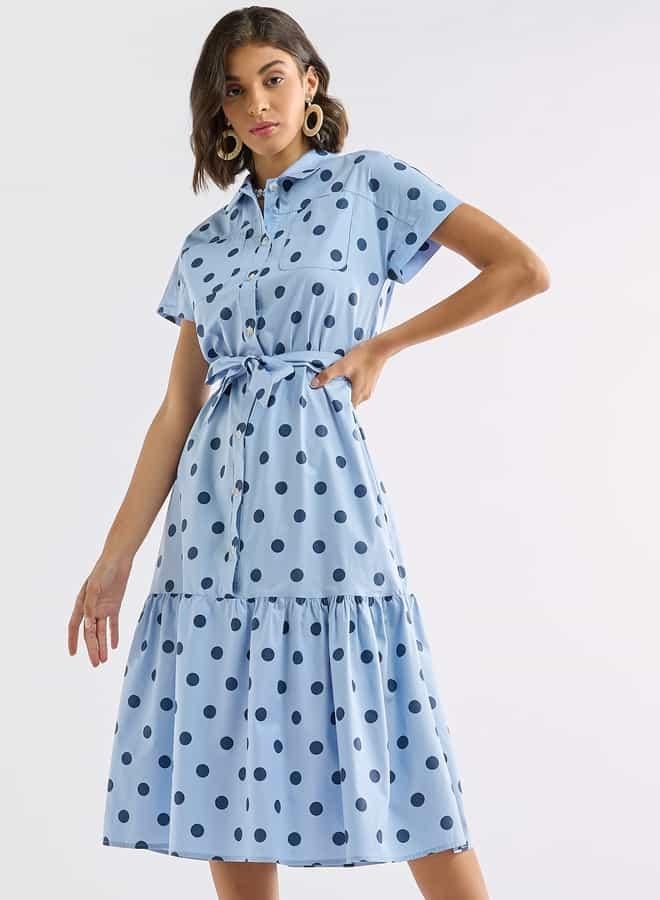 سبلاش فيڤ فستان قميص بطبعات منقّطة وجيوب ورباط - Image 1