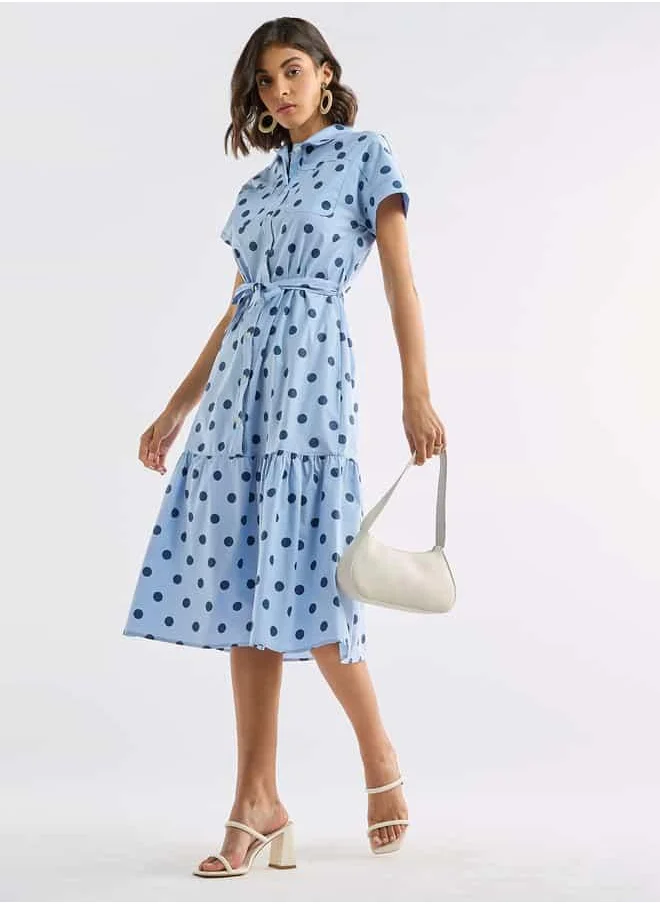 FAV Polka Dot Print Shirt Dress with Pockets and Tie-Up Detail