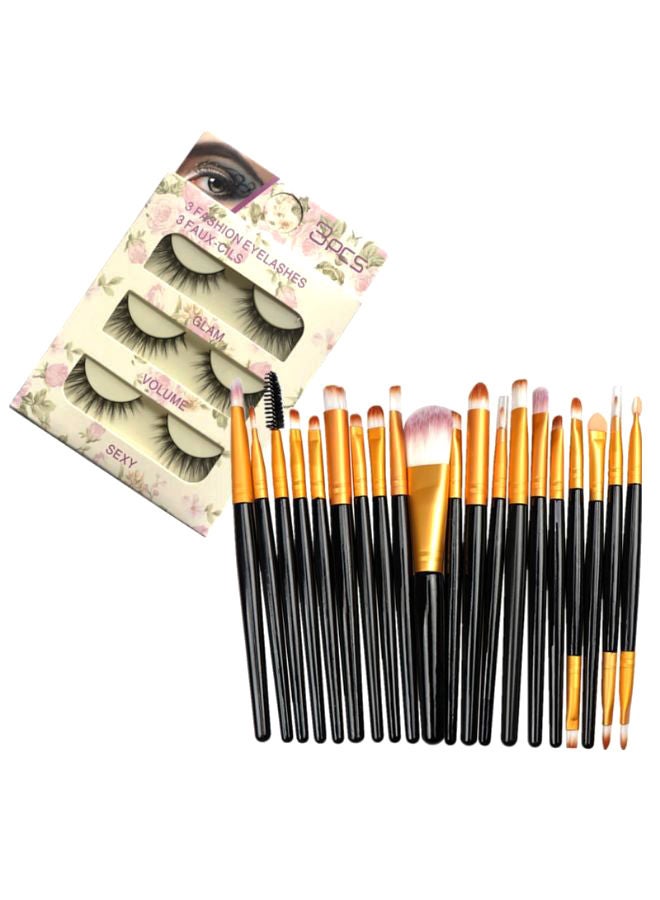 NIBEMINENT 20-Piece Makeup Brush Set With 3 Pair 3D Thick Artificial Eyelashes Multicolour - Image 1