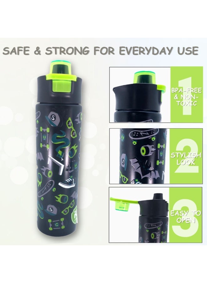 i-kola SKATE BLACK 520 ML Kids Water Bottle for School | BPA-Free Stainless Steel Water Bottle for Boys & Girls | Leakproof, Unbreakable, Easy to Drink, Quick Open Lock (TS-9200 BS 2) - Image 3