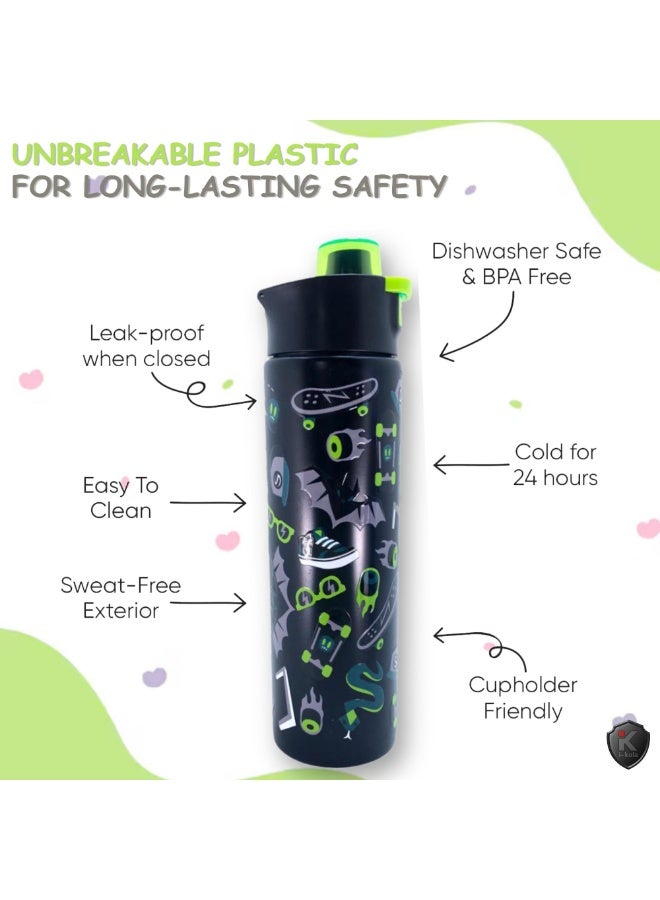 i-kola SKATE BLACK 520 ML Kids Water Bottle for School | BPA-Free Stainless Steel Water Bottle for Boys & Girls | Leakproof, Unbreakable, Easy to Drink, Quick Open Lock (TS-9200 BS 2) - Image 4