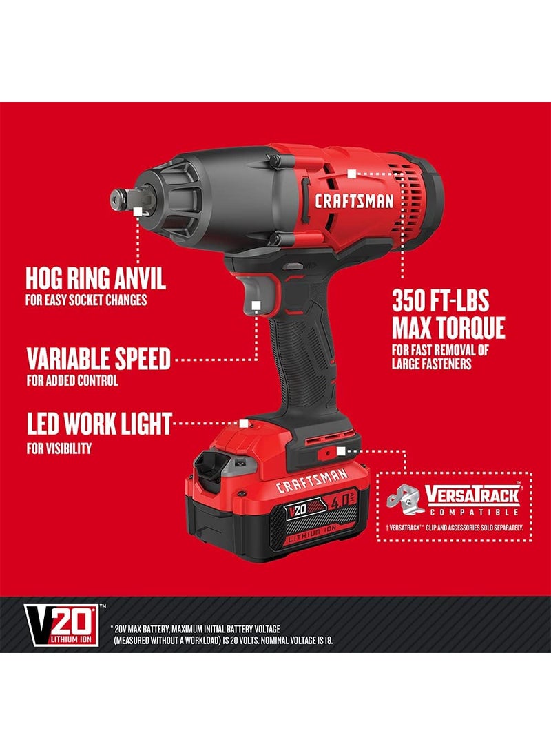 CRAFTSMAN CRAFTSMAN V20 RP 12 inch Cordless Impact Wrench Kit Brushless 4Ah Battery and Charger Included CMCF900M1  - Image 2