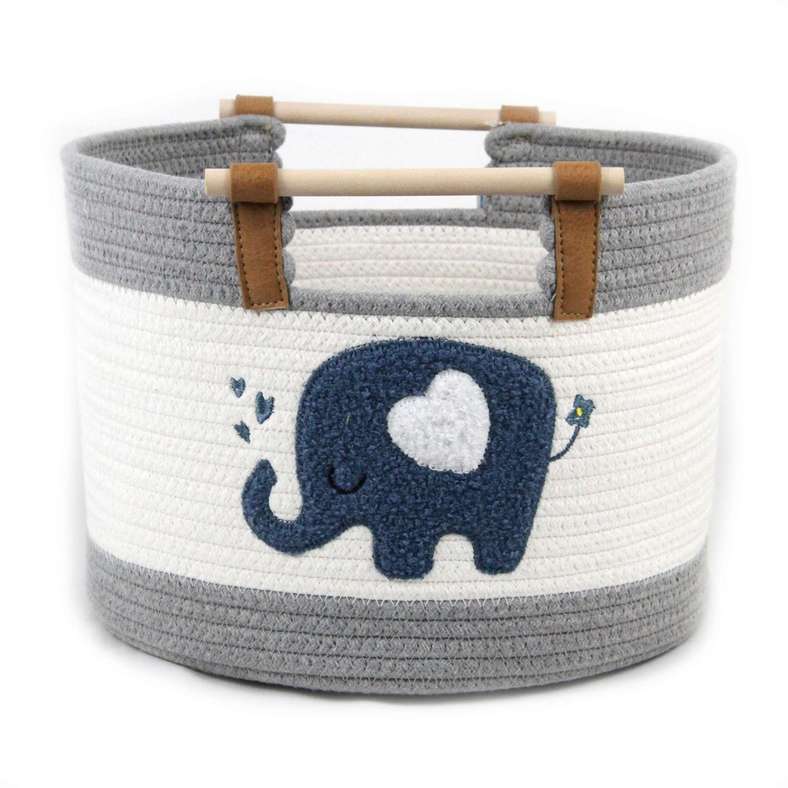 Pan Home Jumbo Rope Storage Basket with Wooden Handle 40x40x26cm-Blue/Grey