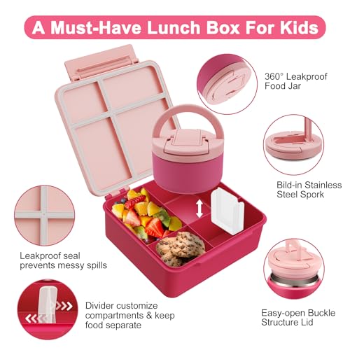 MAXSO Bento Lunch Box Set for Kids with 8 oz Soup Thermo, Leakproof Hot Food Container with 4 Compartments, Insulated Food Jar for Toddler Daycare Boys Girls School - Pink - Image 2