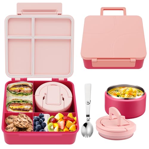 MAXSO Bento Lunch Box Set for Kids with 8 oz Soup Thermo, Leakproof Hot Food Container with 4 Compartments, Insulated Food Jar for Toddler Daycare Boys Girls School - Pink - Image 1