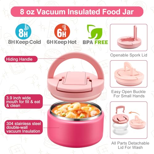 MAXSO Bento Lunch Box Set for Kids with 8 oz Soup Thermo, Leakproof Hot Food Container with 4 Compartments, Insulated Food Jar for Toddler Daycare Boys Girls School - Pink - Image 3