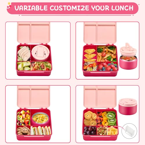 MAXSO Bento Lunch Box Set for Kids with 8 oz Soup Thermo, Leakproof Hot Food Container with 4 Compartments, Insulated Food Jar for Toddler Daycare Boys Girls School - Pink - Image 5