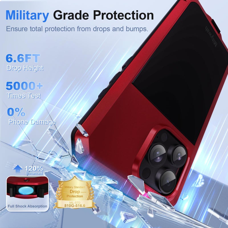 Mitywah Metal Case for iPhone 16 Pro Max, Rugged Phone Case Built-in 9H Screen Protector Military Grade Full Body Protection Heavy Duty Dual Layer Screw Bumper Protective Case iPhone 16 Pro Max Red - Image 3