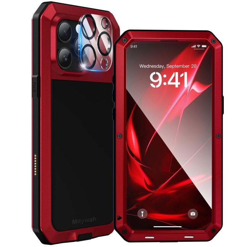 Mitywah Metal Case for iPhone 16 Pro Max, Rugged Phone Case Built-in 9H Screen Protector Military Grade Full Body Protection Heavy Duty Dual Layer Screw Bumper Protective Case iPhone 16 Pro Max Red - Image 1