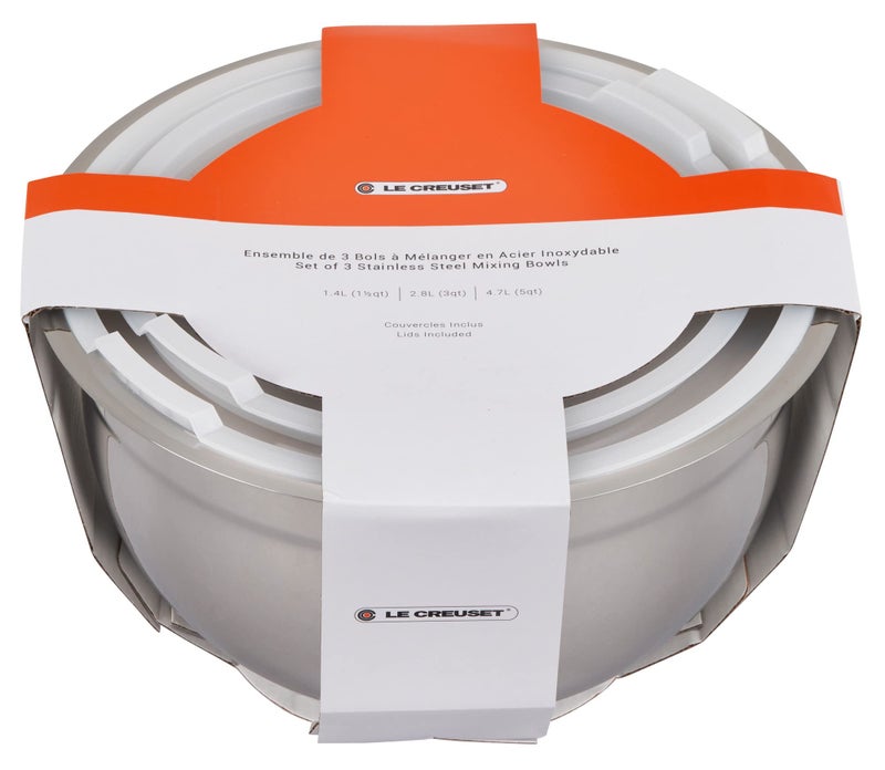 Le Creuset Le Creuset Set of 3 Nested Mixing Bowls w/Nonslip Silicone Base & Plastic Air Tight Lids, Large, Stainless Steel  - Image 2