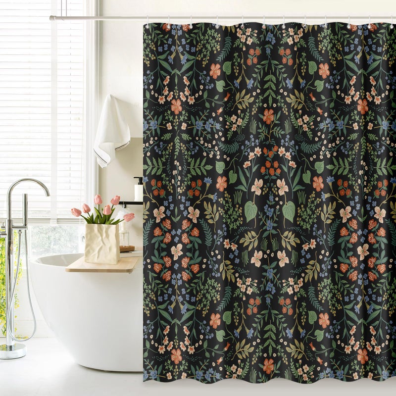 Tititex Boho Rustic Floral Black Faux Linen Shower Curtain, Vintage Watercolor Leaves with Flowers Bathroom Decoration Shower Curtain Sets 71x71 Inch with Hooks - Image 3