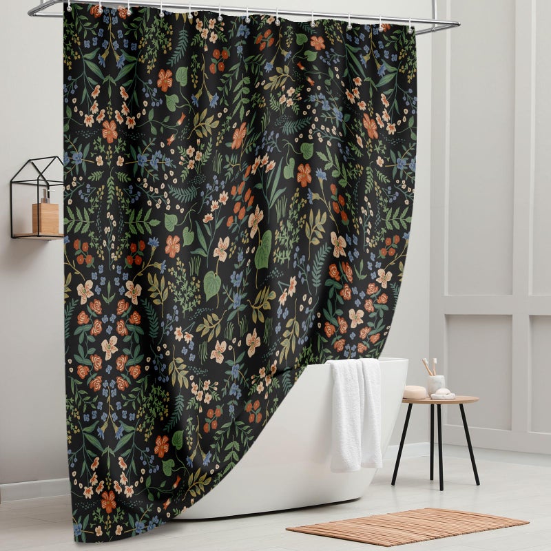 Tititex Boho Rustic Floral Black Faux Linen Shower Curtain, Vintage Watercolor Leaves with Flowers Bathroom Decoration Shower Curtain Sets 71x71 Inch with Hooks - Image 2
