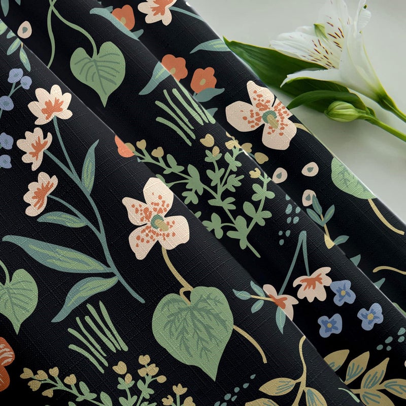 Tititex Boho Rustic Floral Black Faux Linen Shower Curtain, Vintage Watercolor Leaves with Flowers Bathroom Decoration Shower Curtain Sets 71x71 Inch with Hooks - Image 4