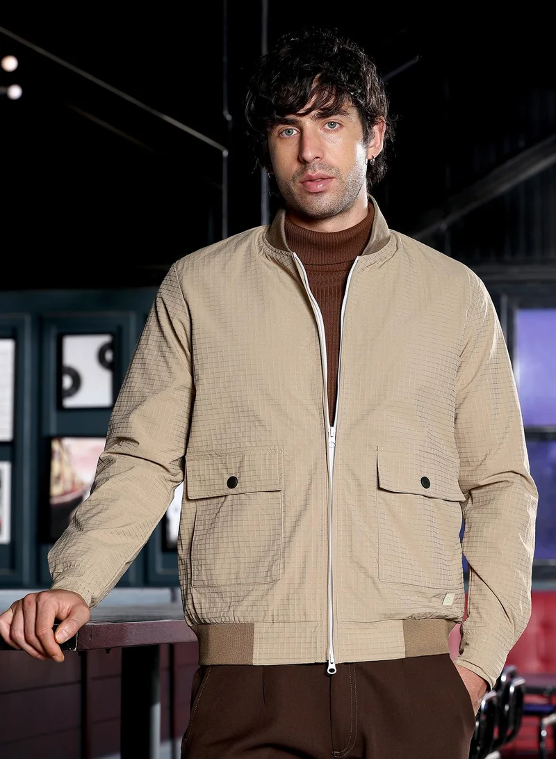 Campus Sutra Men Zip-Front Waffle Bomber Jacket | Ribbed Baseball Collar, Long Button-Cuff Sleeves | Zipper , Ribbed-Straight Hem | Solid Textured | Woven Fabric For Casual & Daily Wear | Khaki Brown