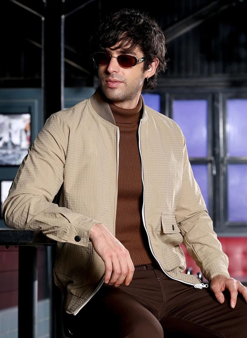 Campus Sutra Men Zip-Front Waffle Bomber Jacket | Ribbed Baseball Collar, Long Button-Cuff Sleeves | Zipper , Ribbed-Straight Hem | Solid Textured | Woven Fabric For Casual & Daily Wear | Khaki Brown