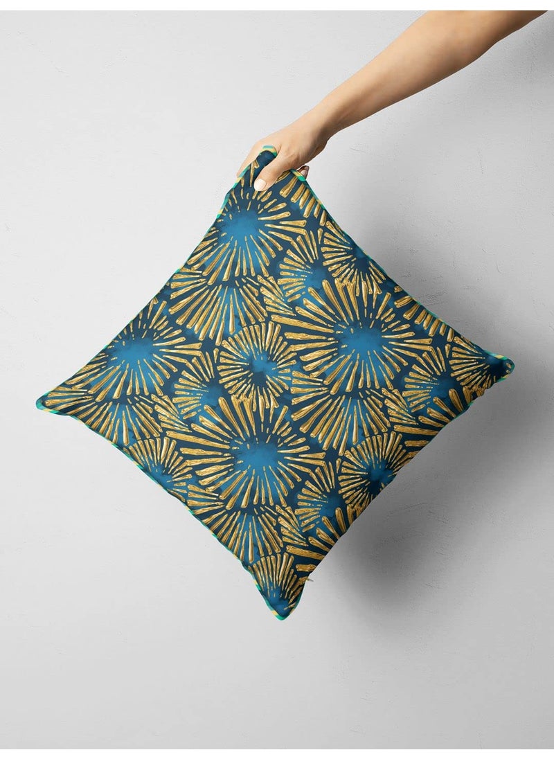 Bianca BIANCA Designer Reversible Printed Silk Linen Cushion Covers -1pc 16 X16 Size (Suzane) | with Contrast Front & Back Digital Print | - Hidden Zipper Floral-Checks-Teal/Gold  - Image 1