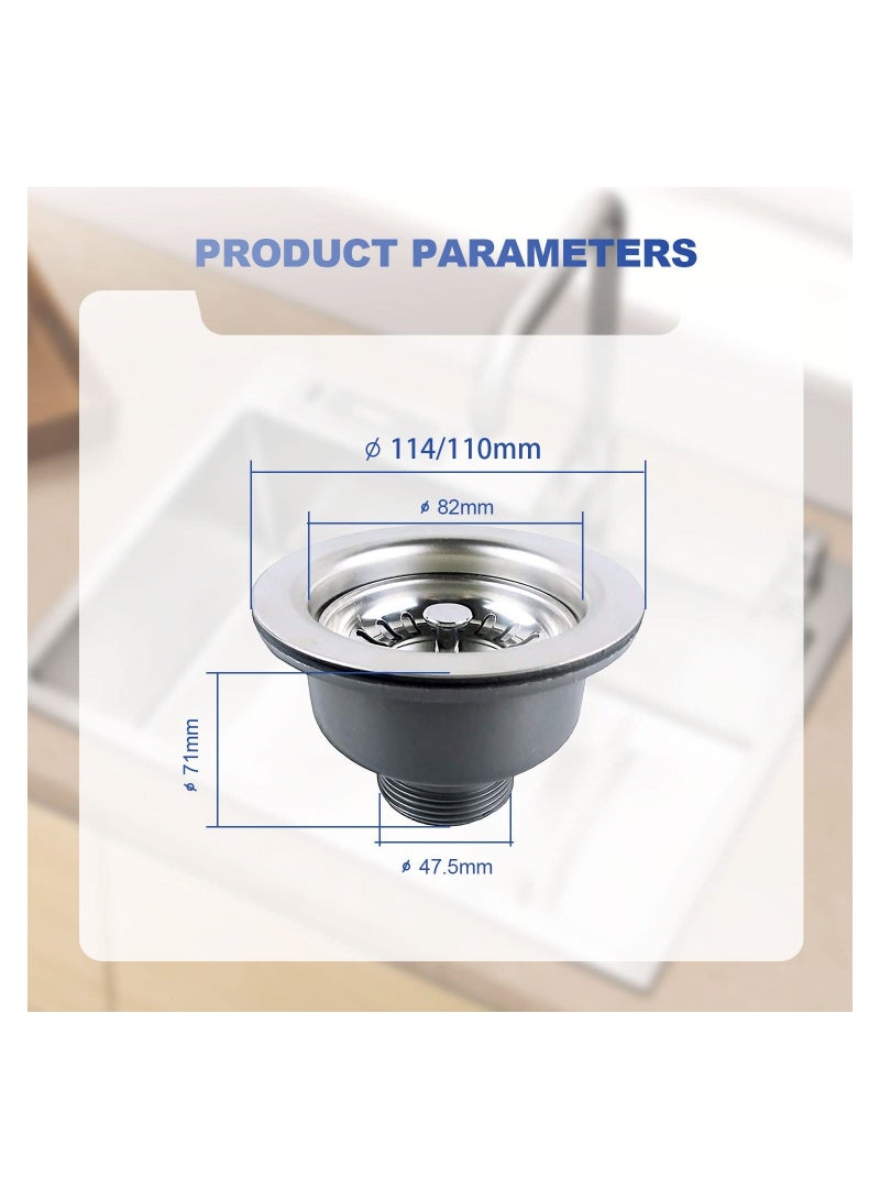 Kitchen Sink Collection, Stainless Steel Strainer with Sink Drain Strainer Assembly Kitchen Sink Basket Waste Plug Sink Accessories, 114mm - Image 2