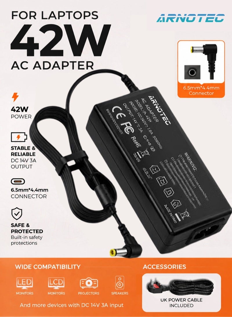 ARNOTEC محول تيار متردد 14 فولت 3 أمبير 42 واط لشاحن شاشة سامسونج LED LCD – متوافق مع SyncMaster S22A300B S22E310H S20A350B S27D390H S24B300H UE590 UE510 والمزيد، طرف 6.5x4.4 مم - Image 1