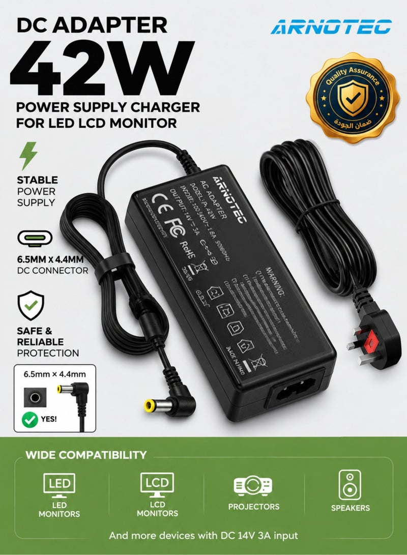 ARNOTEC 14V 3A AC Adapter 42W Power Supply Charger for Samsung LED LCD Monitor – Compatible with SyncMaster S22A300B S22E310H S20A350B S27D390H S24B300H UE590 UE510 and More, 6.5x4.4mm Tip - Image 1