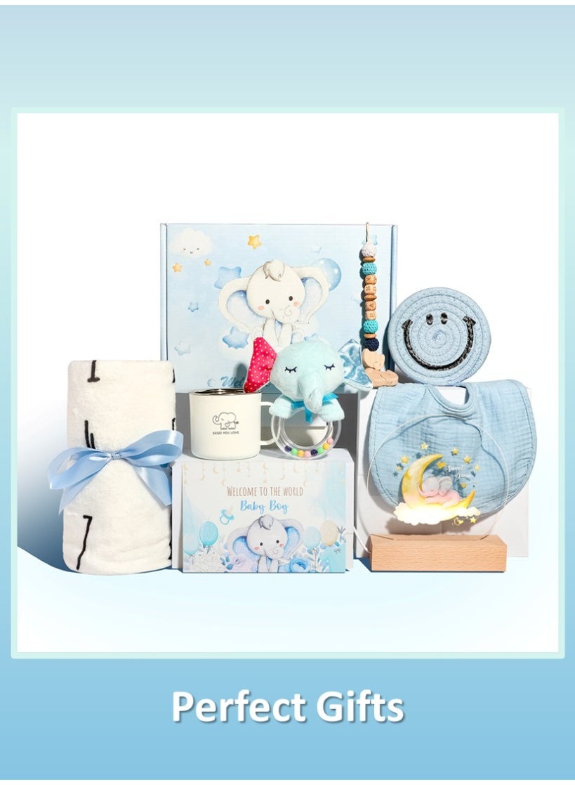 Gift Basket for Baby, Newborn Gift Set with Cute Elephant Rattle Soothing Toy Baby Blanket Moon Night Light(9 Pcs), The Best Choice for Expecting Parents Use or Gift Giving, Pink & Blue are Available